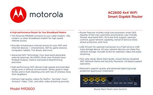 Motorola AC2600 4x4 WiFi Smart Gigabit Router with Extended Range, Model MR2600