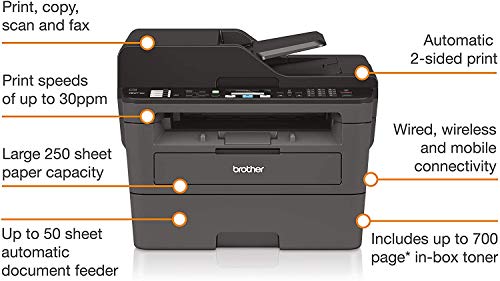 Brother Monochrome Laser Printer, Compact All-In One Printer - MFCL2710DW
