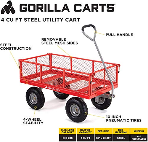 Gorilla Carts GOR800-COM Steel Utility Cart with Removable Sides, 800-lbs. Capacity